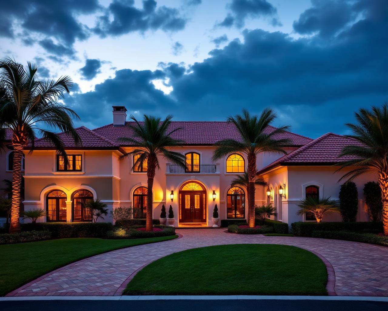 Magnolia Court luxury home exterior at dusk