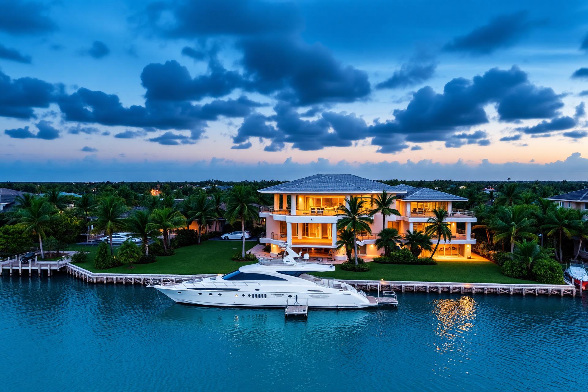 South Florida luxury waterfront estate at dusk