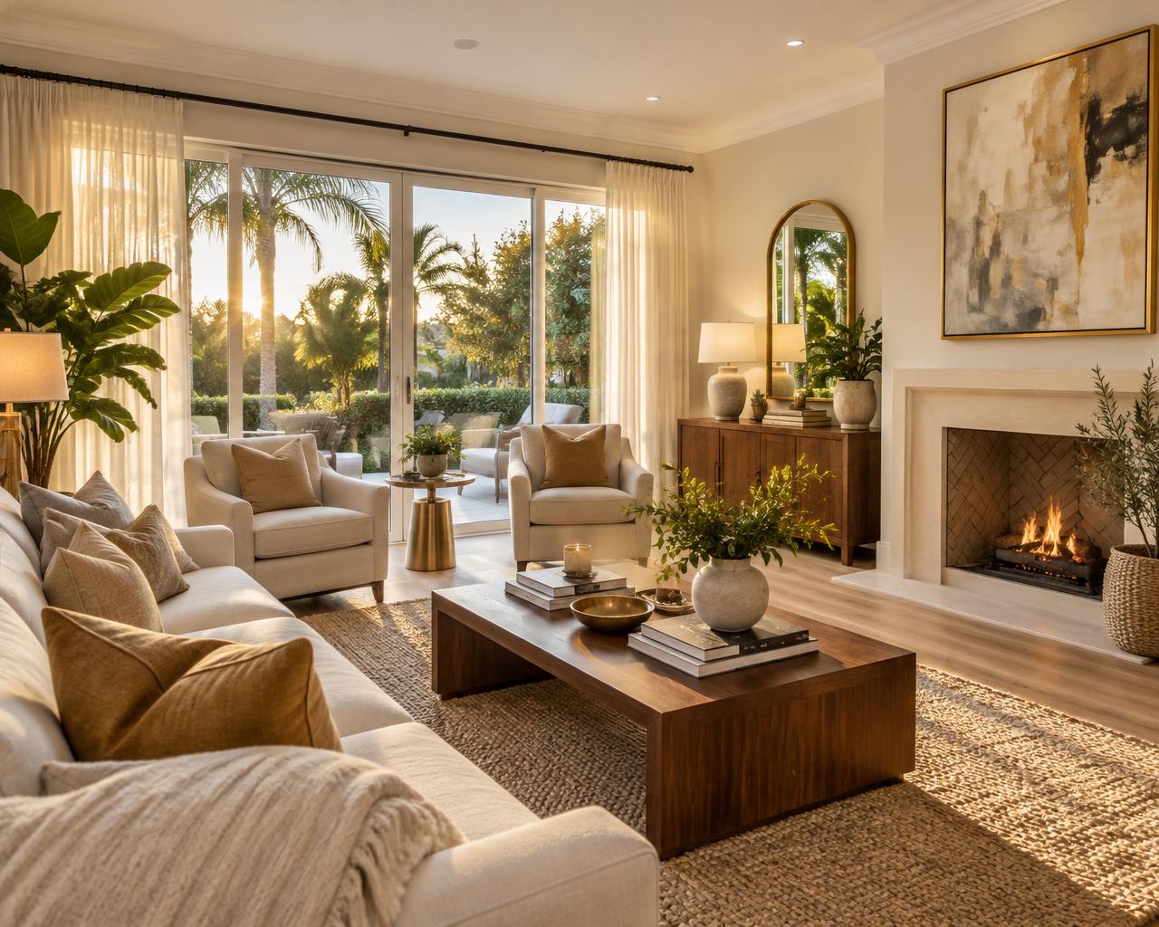 Professionally staged living room with a warm sofa, styled coffee table, and light filling the space